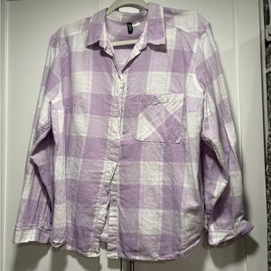 Purple and White Plaid Button-Up Shirt